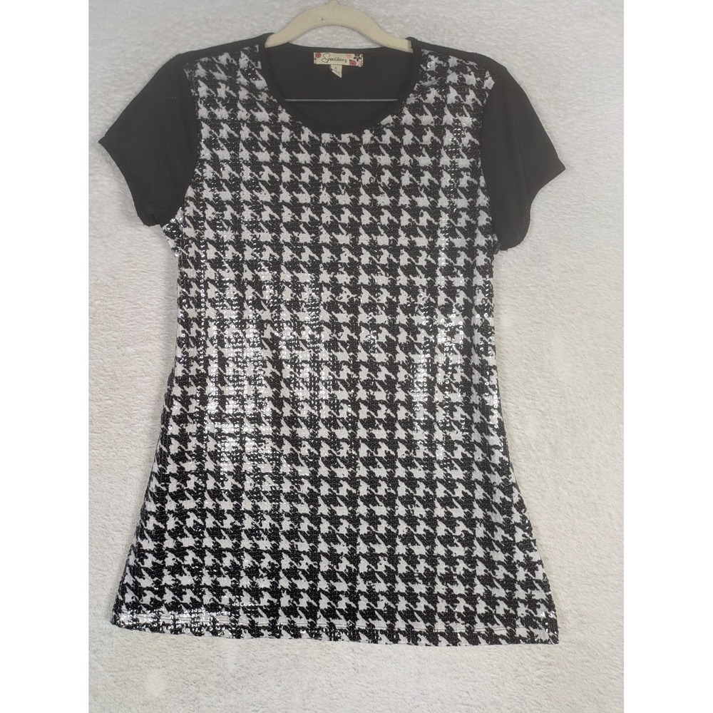 Speechless Sequin Houndstooth Top Women's L Black White Tie Back